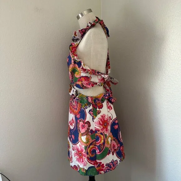 Zimmermann Lovestruck Sleeveless Halter Dress Multicolor Paisley Print Tie Back